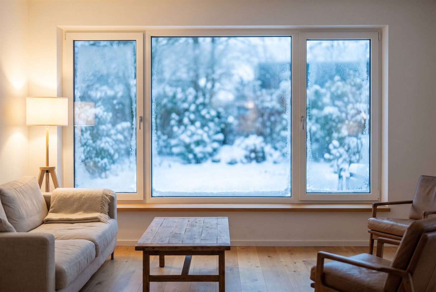Wohnzimmer mit neuem 3-fach verglastem Fenster, draußen Schnee