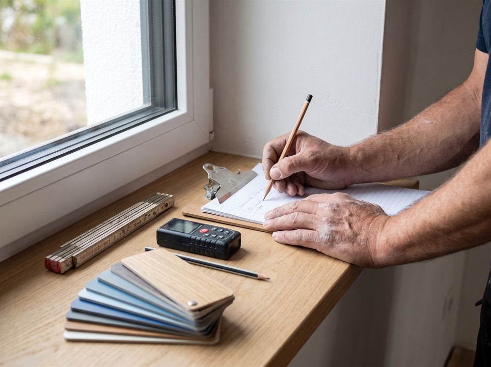 Aufmaß am Fenster: Zollstock, Lasermessgerät und Musterkarten auf der Fensterbank